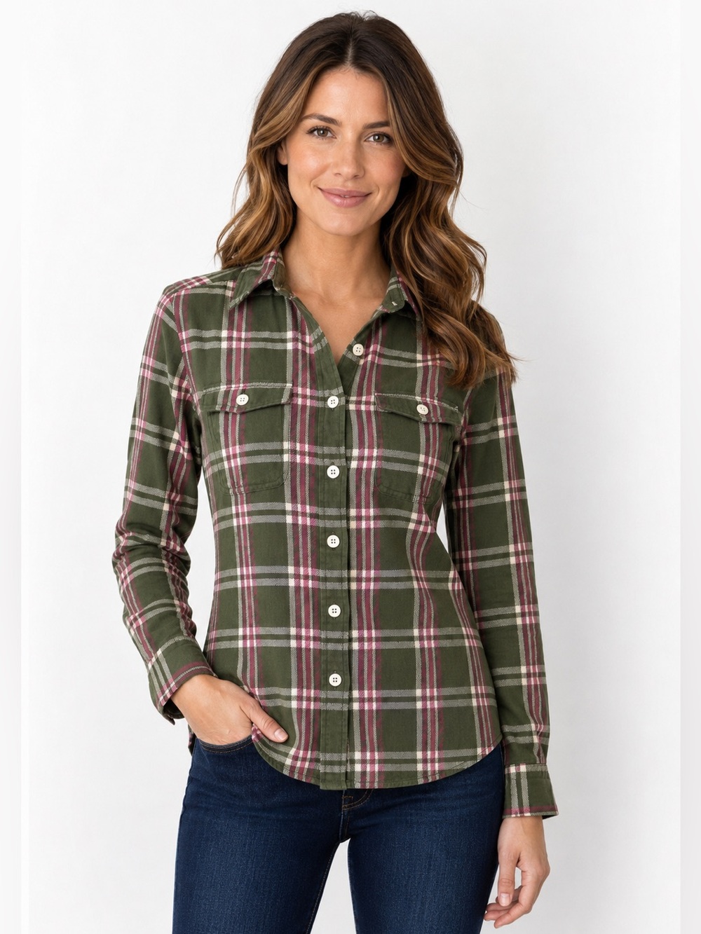 Patagonia Organic Cotton Plaid Flannel Shirt Women’s Size 2 Green Pink Hiking